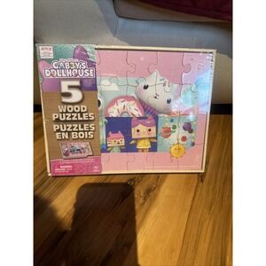 DreamWorks Gabby's Dollhouse 5 Wood Puzzles Wooden‎ Storage Box NIB Sealed mABZ